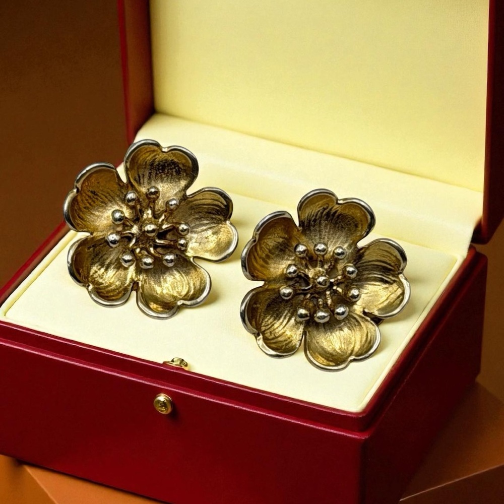 Vtg Ming’s Hawaii Cherry Blossom Earrings – Sterling Silver Gold Vermeil Clip On